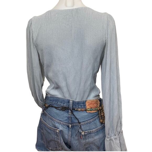 Tularosa Dusty Blue Wrap Top Bodysuit SMALL Pirate Sleeves Pleated Boho $158 NEW - Picture 6 of 7